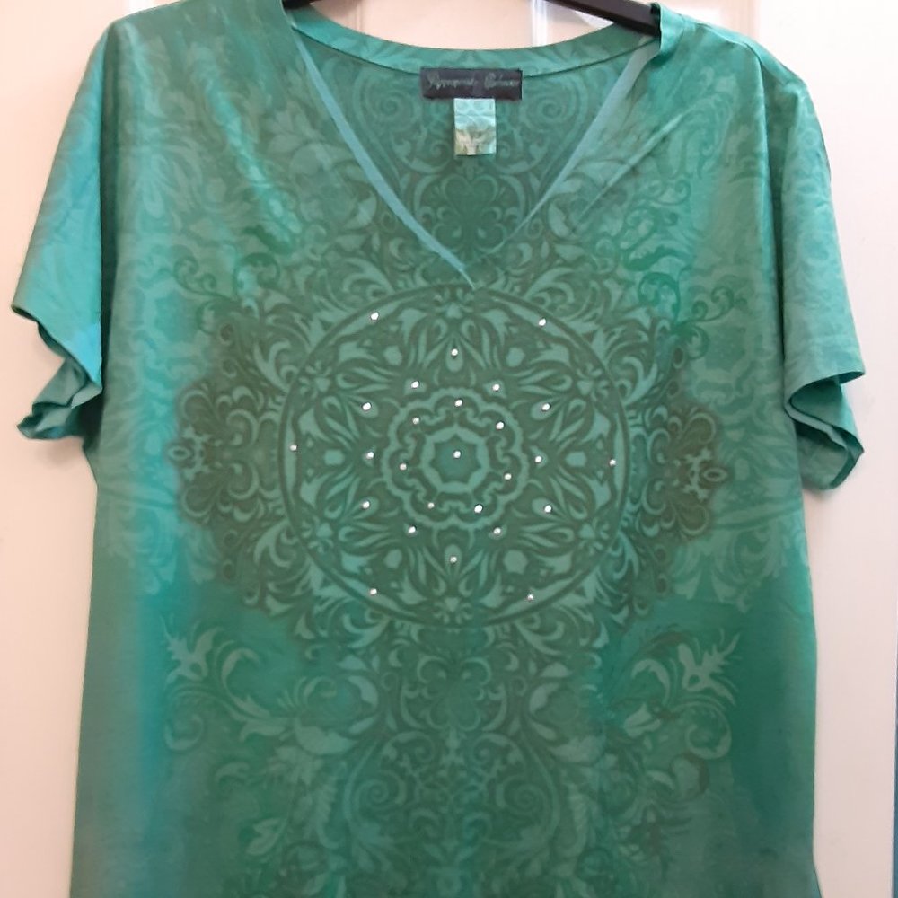 Appropriate Behavior Cap Sleeve Green and Black Pull Over Blouse in Size 1X